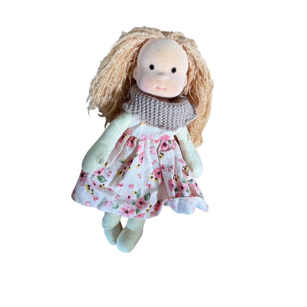 Handmade Waldorf Style Soft Fabric Doll Blonde Yarn Hair Floral Dress 12 Inch